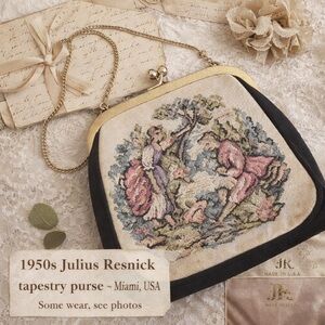 Vintage 50s JR Julius Resnick Tapestry Purse Miami USA Gold Frame